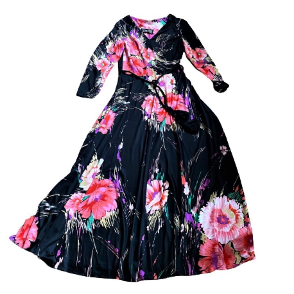 Vintage 70s A line maxi floral dress wi rope belt